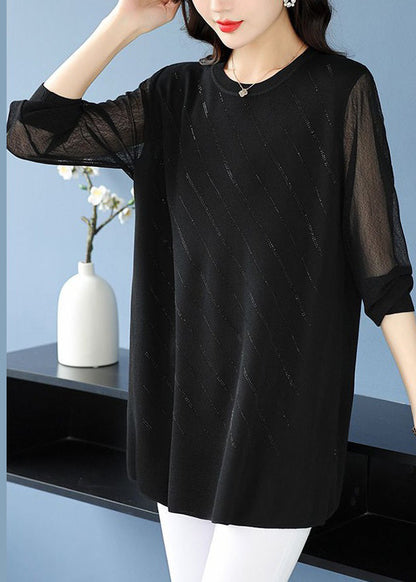 Loose Striped O Neck Zircon Tulle Patchwork T Shirt Spring TB025