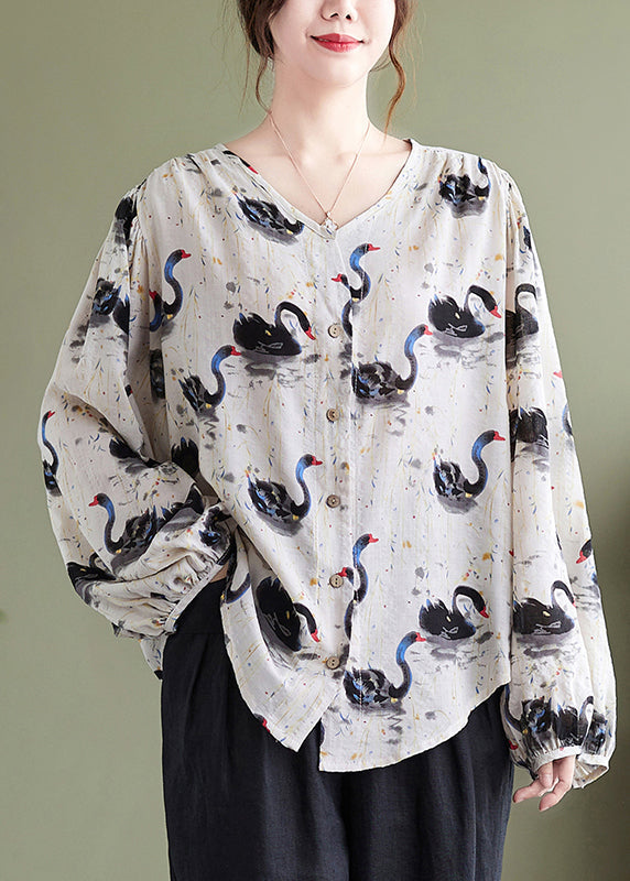 Loose V Neck Print Cotton Shirt Top Lantern Sleeve QA048 OM-ZS241009