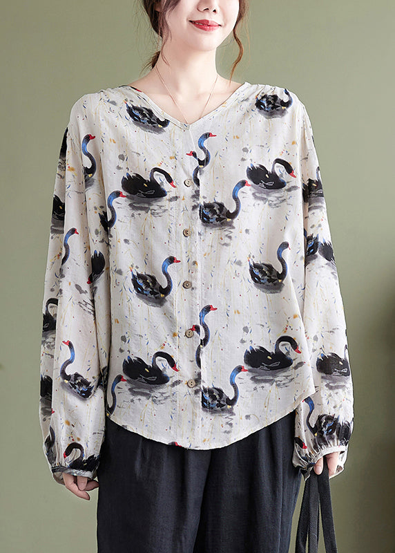 Loose V Neck Print Cotton Shirt Top Lantern Sleeve QA048 OM-ZS241009