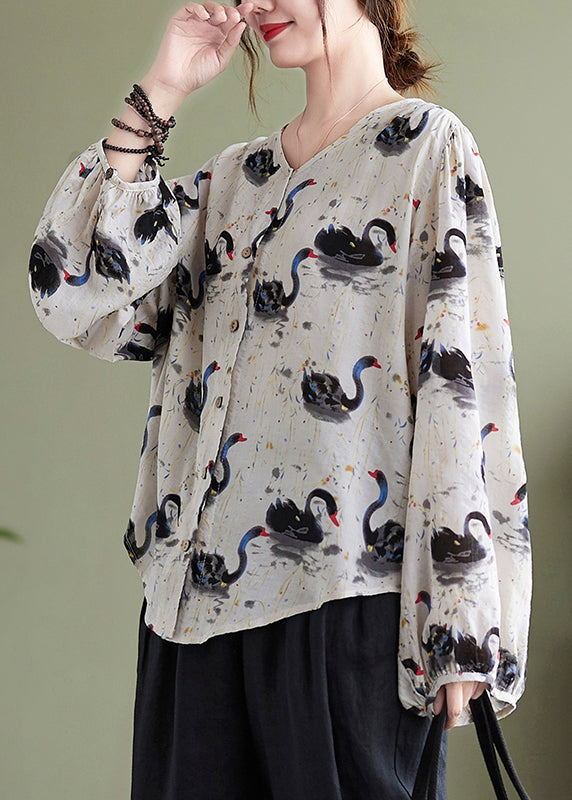 Loose V Neck Print Cotton Shirt Top Lantern Sleeve QA048 OM-ZS241009