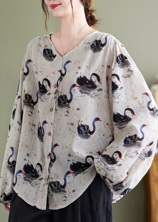 Loose V Neck Print Cotton Shirt Top Lantern Sleeve QA048 OM-ZS241009