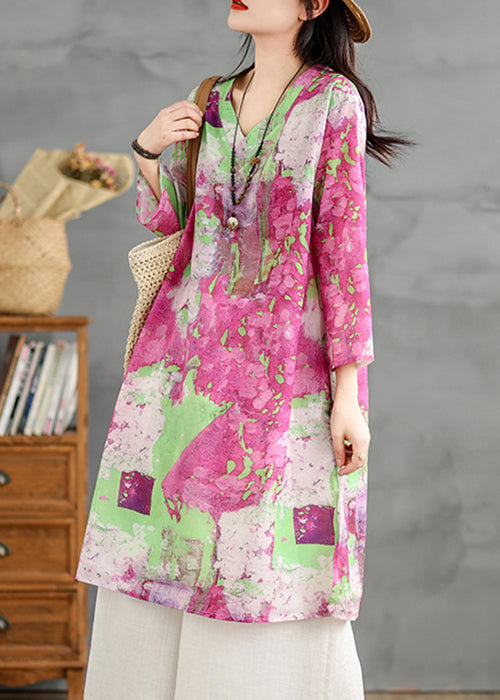 Shirts Print V Neck Loose Bracelet Cotton Sleeve Dress FashionChic