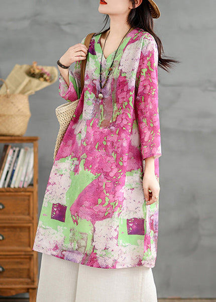 Dress Sleeve Cotton Bracelet Shirts Neck Loose V Print FashionChic