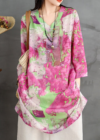 Shirts Print V Neck Loose Bracelet Cotton Sleeve Dress FashionChic