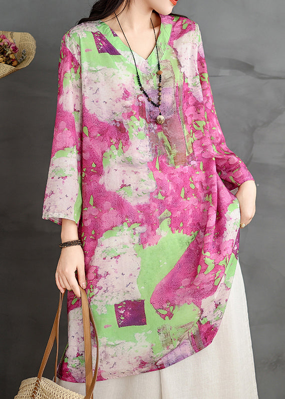 Shirts Print V Neck Loose Bracelet Cotton Sleeve Dress FashionChic