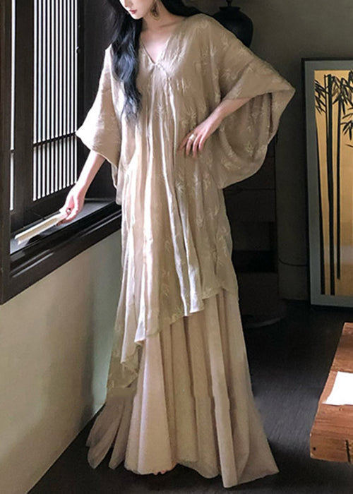 Robe Loose Neck V Sleeve Cotton Batwing Tulle Patchwork Dresses FashionChic