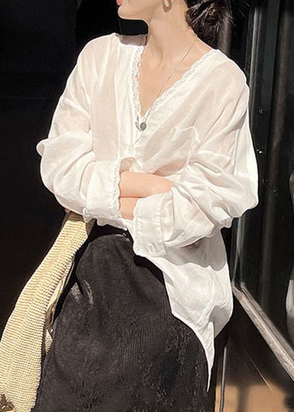 Button Low Silk Shirt High Design Thin Cotton Summer White Loose FashionChic