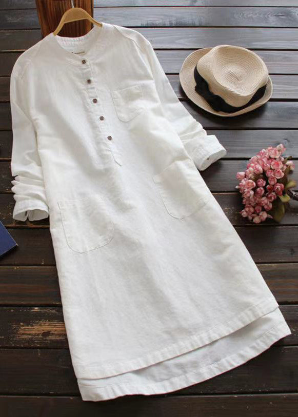 Loose White Button Pockets Linen Shirt Dresses Long Sleeve FF018 MZF-FDM240607