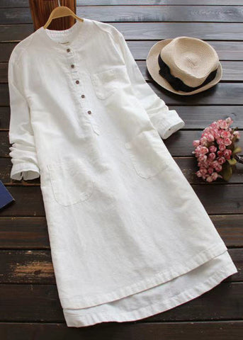 Loose White Button Pockets Linen Shirt Dresses Long Sleeve FF018 MZF-FDM240607