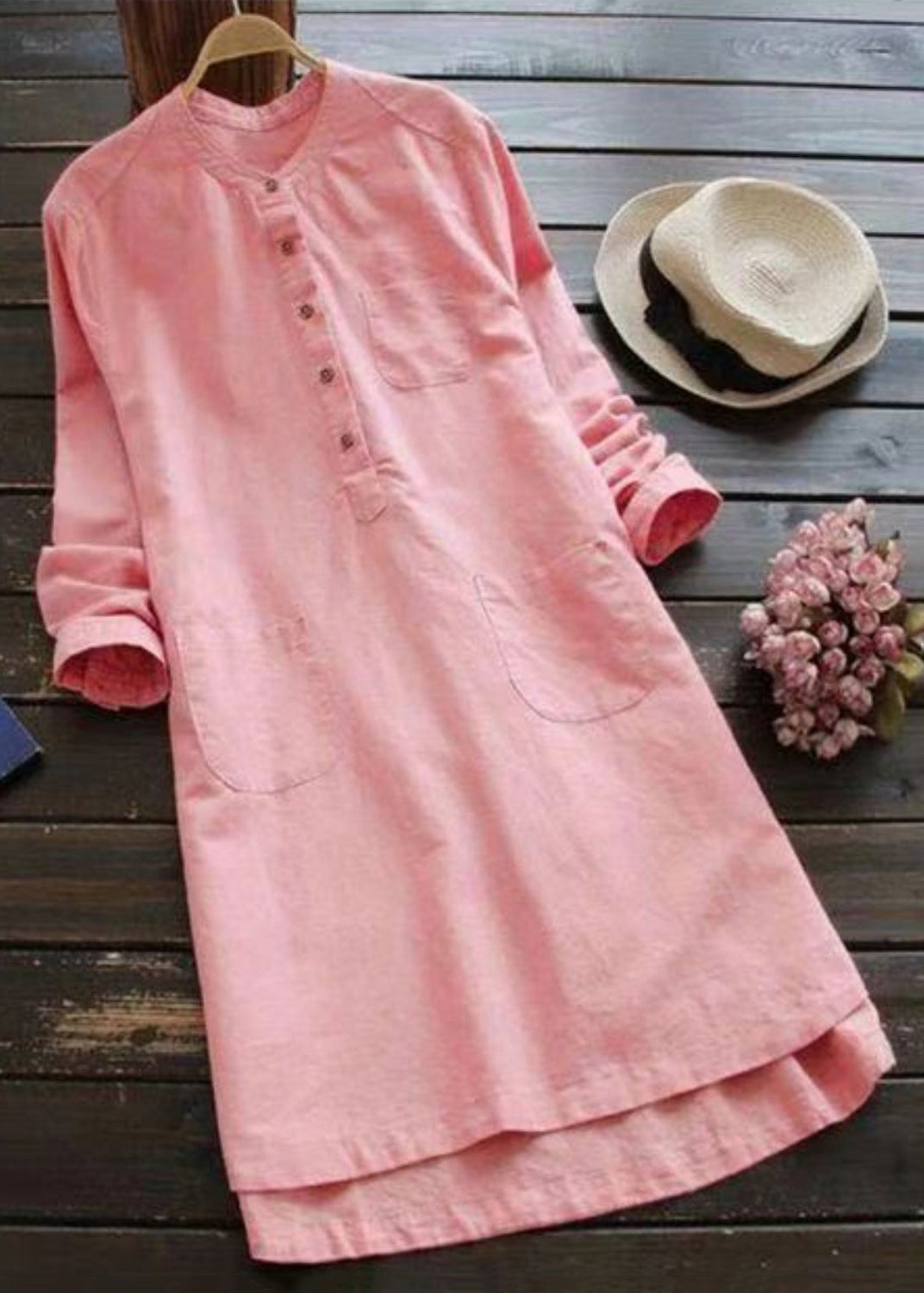 Loose White Button Pockets Linen Shirt Dresses Long Sleeve FF018 MZF-FDM240607