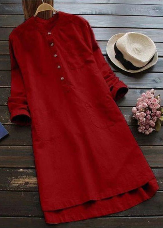 Loose White Button Pockets Linen Shirt Dresses Long Sleeve FF018 MZF-FDM240607