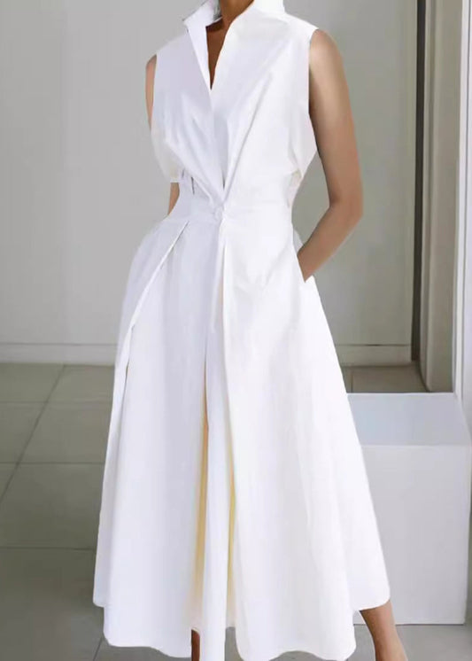 Sleeveless Button Solid Loose Pockets Long Dress White Cotton FashionChic