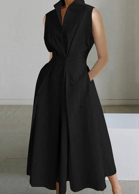 Loose Cotton Dress Pockets Long White Button Solid Sleeveless FashionChic