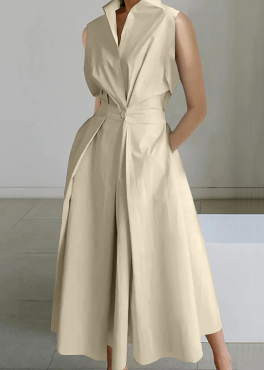 Loose Cotton Dress Pockets Long White Button Solid Sleeveless FashionChic