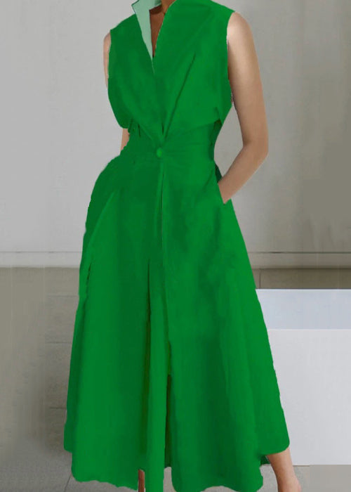 Loose Cotton Dress Pockets Long White Button Solid Sleeveless FashionChic