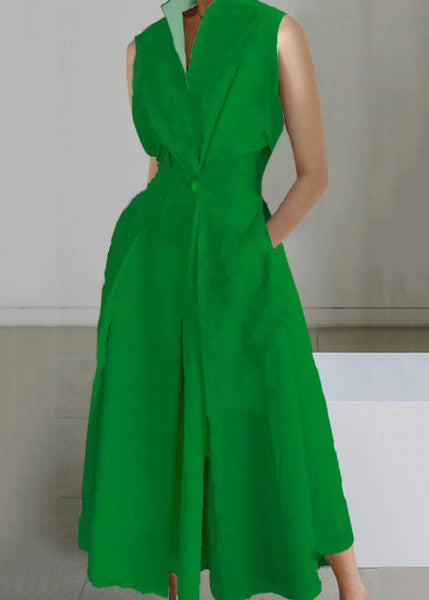 Sleeveless Button Solid Loose Pockets Long Dress White Cotton FashionChic