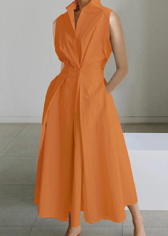 Loose Cotton Dress Pockets Long White Button Solid Sleeveless FashionChic