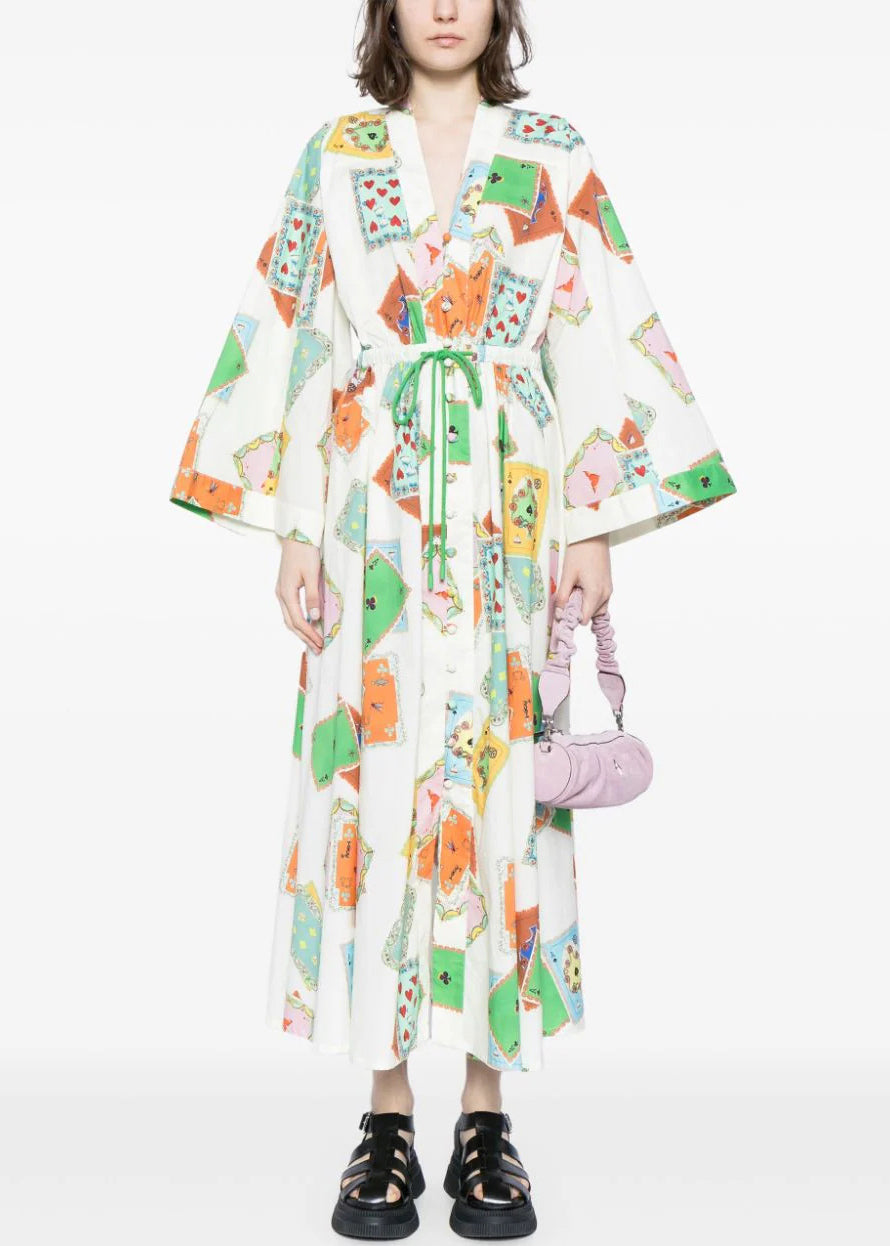 Loose White Button Print Lace Up Cotton Dresses Fall AU1022 OM-ZS240902