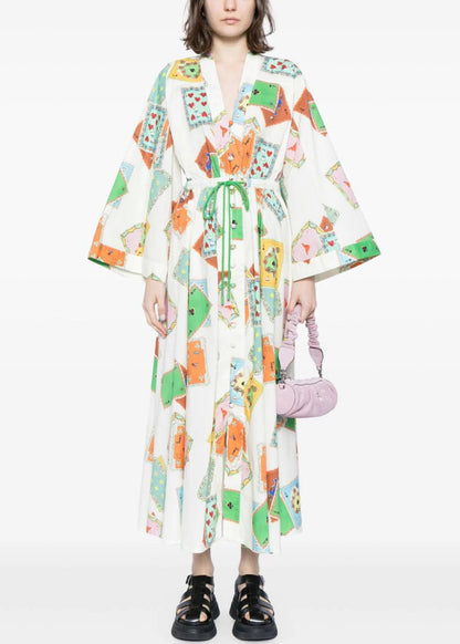 Loose White Button Print Lace Up Cotton Dresses Fall AU1022 OM-ZS240902