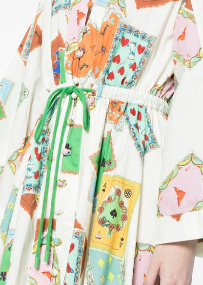 Loose White Button Print Lace Up Cotton Dresses Fall AU1022 OM-ZS240902