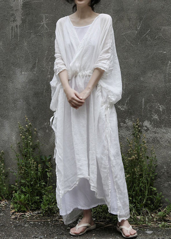 Loose White Drawstring Side Open Linen Two Pieces Set Half Sleeve MN093 MMDM-TPIEC240704