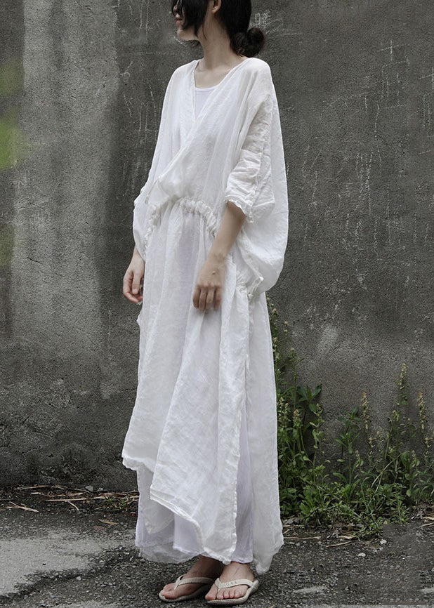 Loose White Drawstring Side Open Linen Two Pieces Set Half Sleeve MN093 MMDM-TPIEC240704