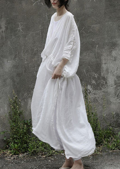 Loose White Drawstring Side Open Linen Two Pieces Set Half Sleeve MN093 MMDM-TPIEC240704