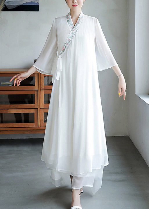 Loose White Embroidered Lace Up Chiffon Dresses Flare Sleeve OP1020 Ada Fashion