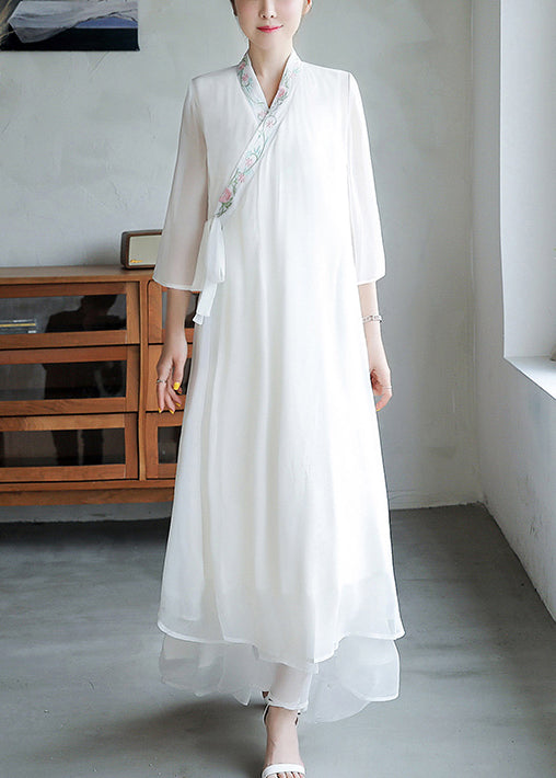 Loose White Embroidered Lace Up Chiffon Dresses Flare Sleeve OP1020 Ada Fashion