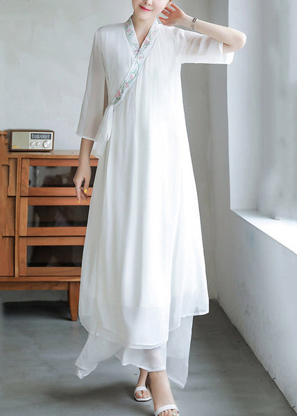 Loose White Embroidered Lace Up Chiffon Dresses Flare Sleeve OP1020 Ada Fashion