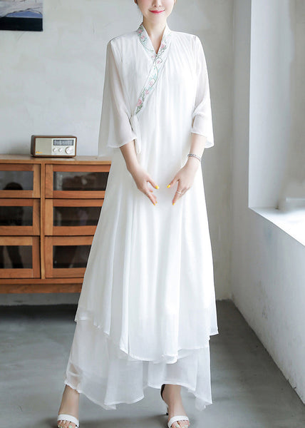 Loose White Embroidered Lace Up Chiffon Dresses Flare Sleeve OP1020 Ada Fashion