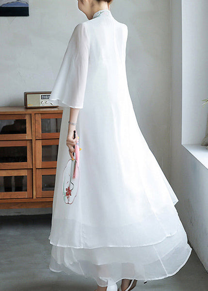 Loose White Embroidered Lace Up Chiffon Dresses Flare Sleeve OP1020 Ada Fashion