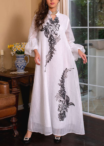 Loose White Embroidered Tie Waist Long Dresses Puff Sleeve AA1038 Ada Fashion