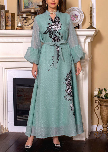 Loose White Embroidered Tie Waist Long Dresses Puff Sleeve AA1038 Ada Fashion
