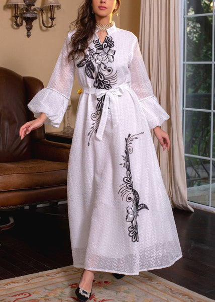 Loose White Embroidered Tie Waist Long Dresses Puff Sleeve AA1038 Ada Fashion