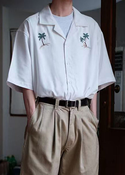 Button Summer Embroideried Shirts Cotton Loose White Men's FashionChic