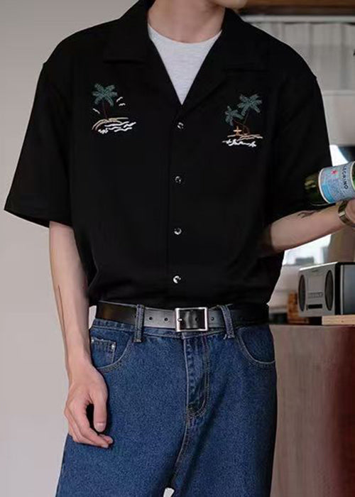 Button Summer Embroideried Shirts Cotton Loose White Men's FashionChic