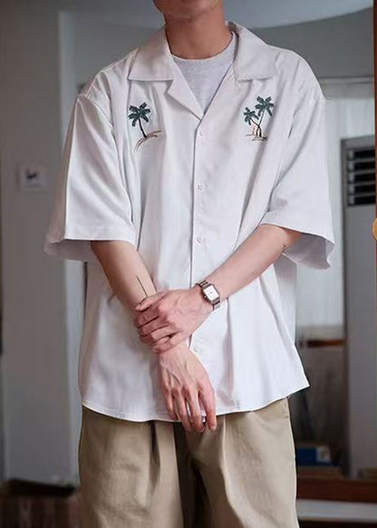 Button Summer Embroideried Shirts Cotton Loose White Men's FashionChic