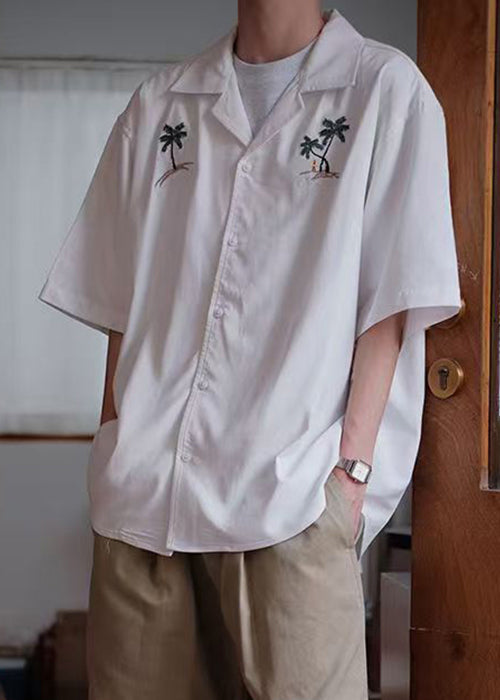 Button Summer Embroideried Shirts Cotton Loose White Men's FashionChic