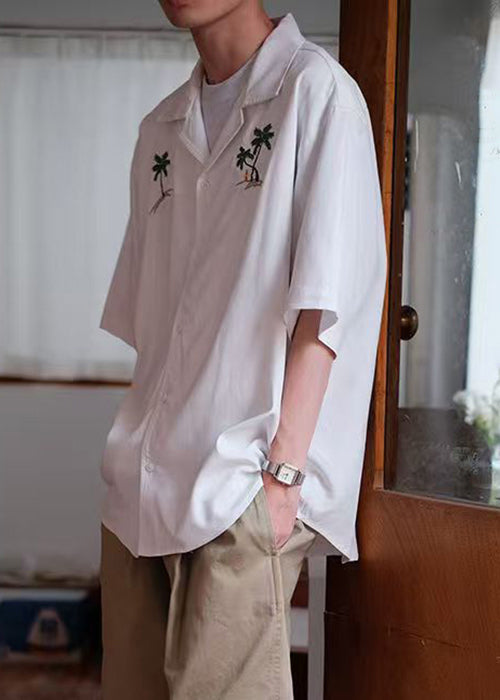 Button Summer Embroideried Shirts Cotton Loose White Men's FashionChic