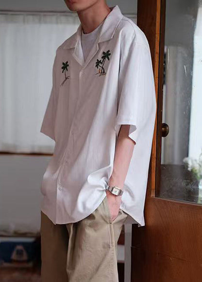 Button Summer Embroideried Shirts Cotton Loose White Men's FashionChic
