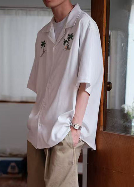Button Summer Embroideried Shirts Cotton Loose White Men's FashionChic