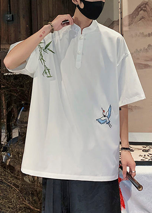 Collar Cotton Loose Stand White Half Button T Embroideried Shirts FashionChic