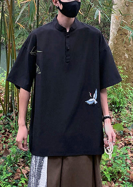 Collar Cotton Loose Stand White Half Button T Embroideried Shirts FashionChic