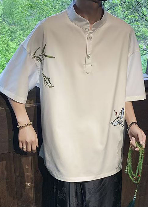 Collar Cotton Loose Stand White Half Button T Embroideried Shirts FashionChic