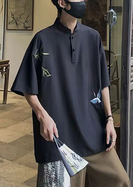 Collar Cotton Loose Stand White Half Button T Embroideried Shirts FashionChic