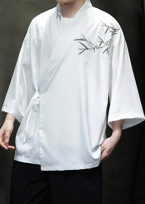 Loose White Embroideried Lace Up Cotton Mens Shirts Summer YT071 Men-Silk-MENSTP240721