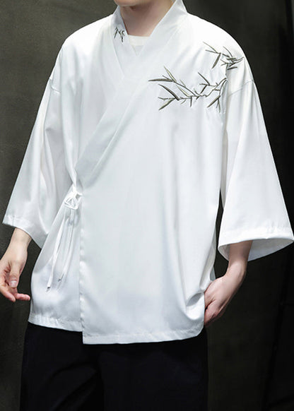 Loose White Embroideried Lace Up Cotton Mens Shirts Summer YT071 Men-Silk-MENSTP240721