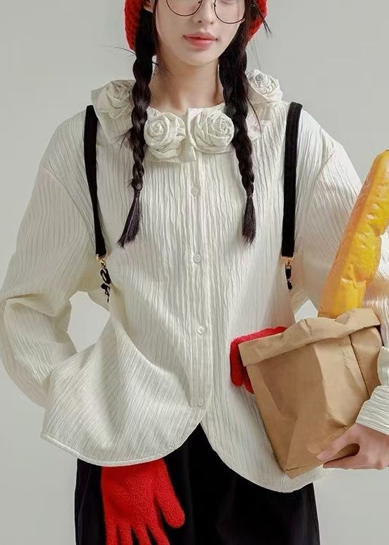 Cotton White Button Spring Shirt Floral Loose FashionChic