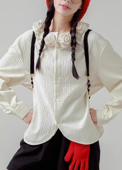 Cotton White Button Spring Shirt Floral Loose FashionChic